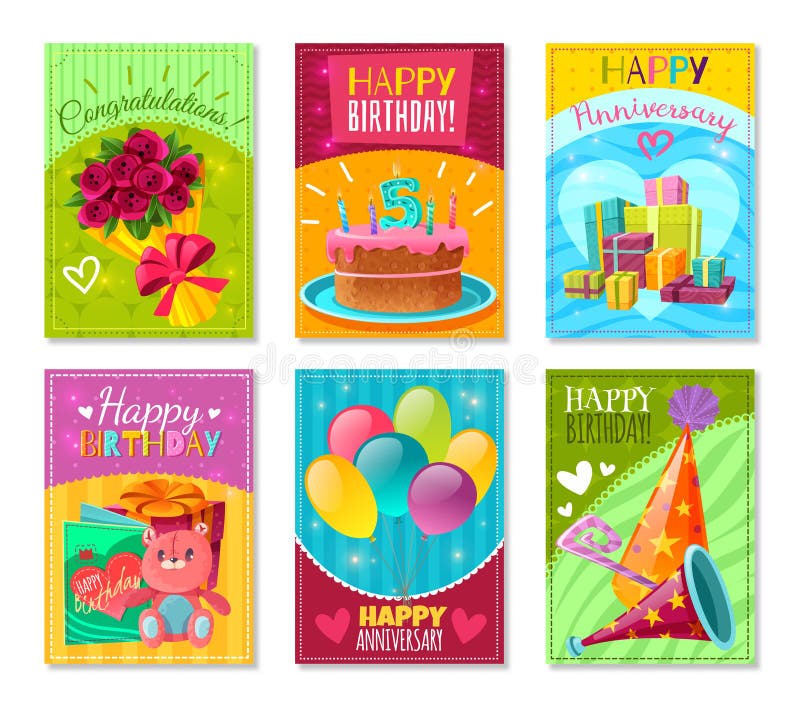 Happy Birthday Greeting Cards Stock Vector - Illustration of decoration ...