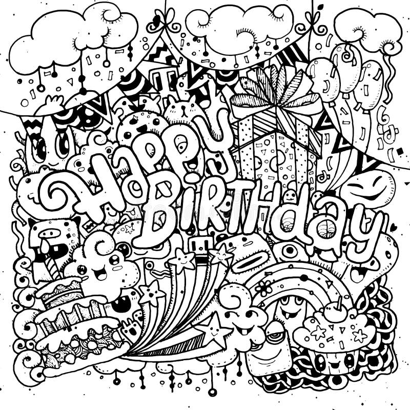 Happy birthday hand drawn sketch set with doodle stock illustration Happy birthday hand drawn sketch set with doodle stock illustration