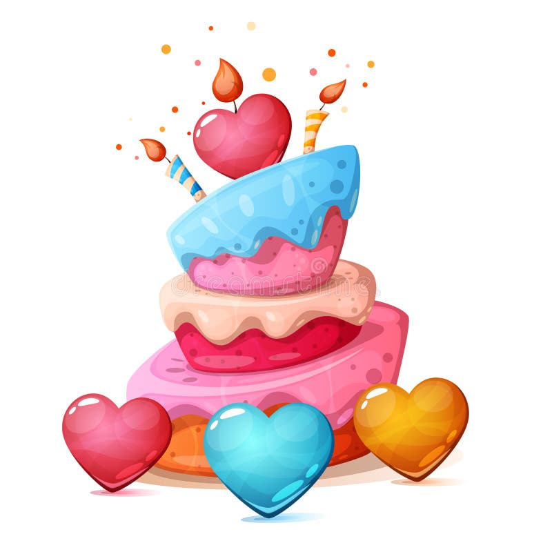 Happy birthday, heart, cake illustration.