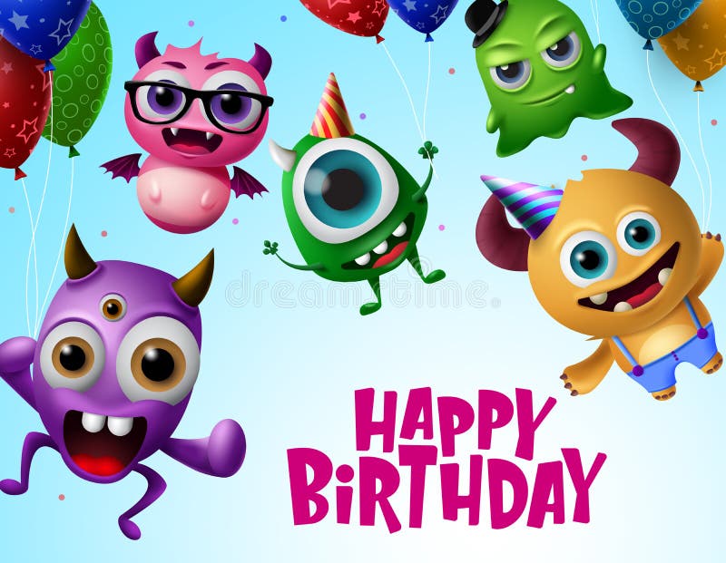 Cartoon Party Monsters. Cute Monster Happy Birthday Gifts, Funny Alien ...