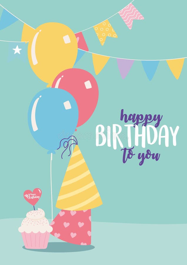 Happy Birthday, Party Hats and Cupcake Celebration Decoration Cartoon ...