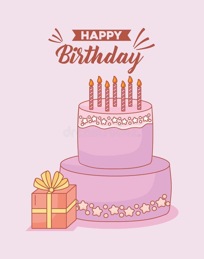 Happy Birthday Postcard with Cake and Gift Stock Vector - Illustration ...