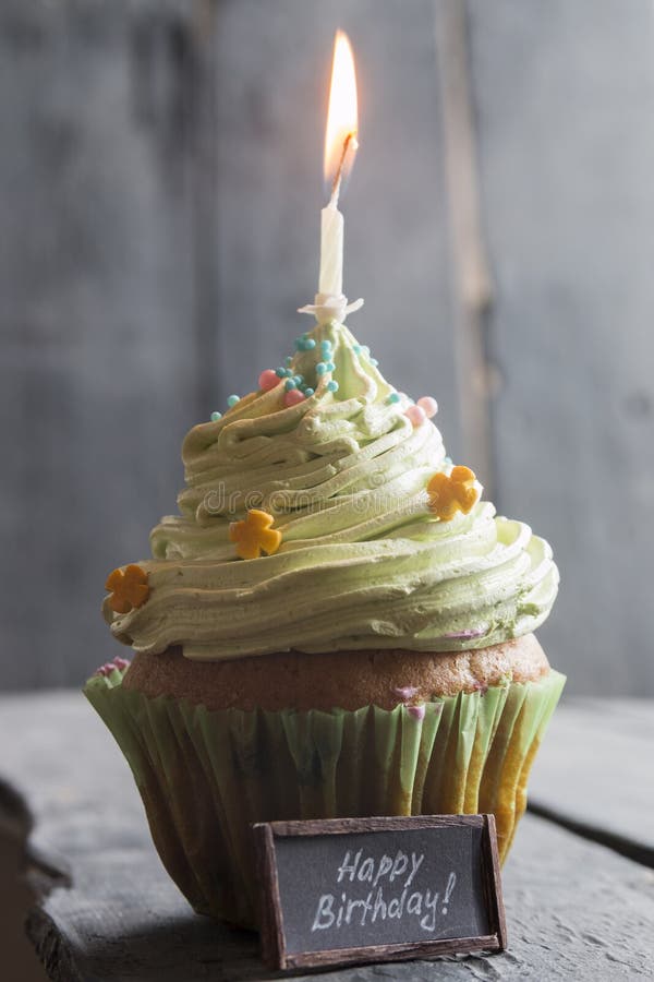 Happy Birthday Text And Cake With One Candle Stock Image Image of