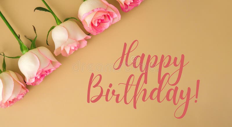 HAPPY BIRTHDAY Text Greeting Card Delicate Pink Roses on Beige ...