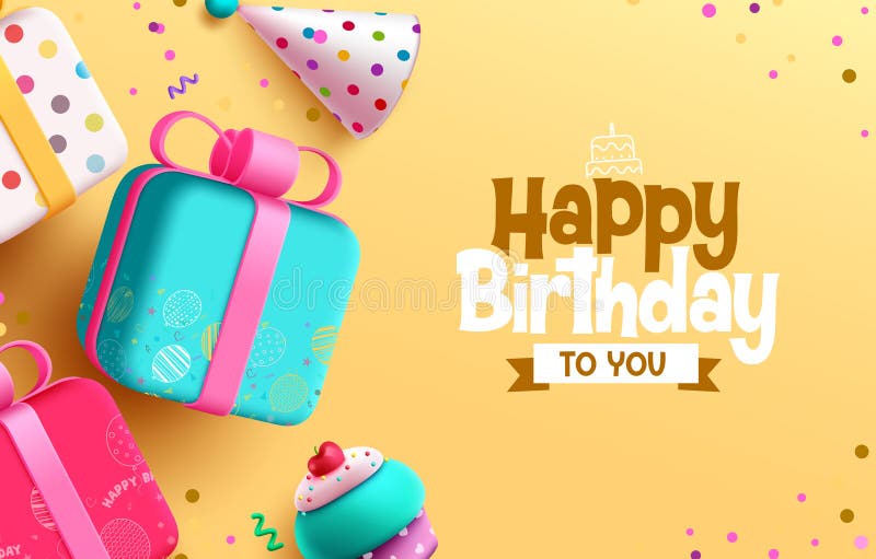 Happy birthday text vector design. Happy birthday greeting text with gift box, party hat and toy cartoon