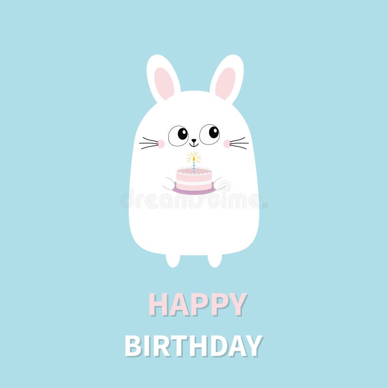 Happy Birthday. White bunny rabbit holding cake with candle. Funny head face. Big eyes. Cute kawaii cartoon character. Baby greeti royalty free illustration Happy Birthday. White bunny rabbit holding cake with candle. Funny head face. Big eyes. Cute kawaii cartoon character. Baby greeti royalty free illustration