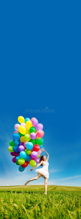 Happy Birthday Woman Against the Sky with Rainbow-colored Air Ba Stock ...