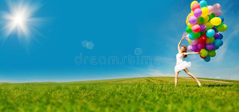 Happy Birthday Woman Against the Sky with Rainbow-colored Air Balloons in  Her Hands. Sunny and Positive Energy of Nature. Young Stock Image - Image  of fresh, freedom: 171499773