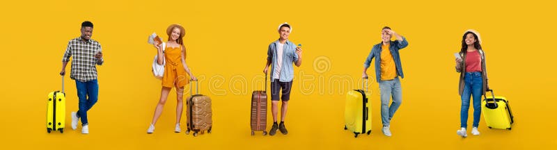 Happy black and european young people with suitcases show tickets and passport, enjoy travel stock images