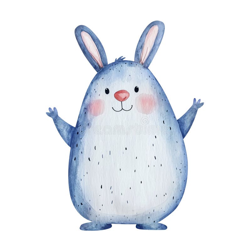Happy blue bunny with smile. Children\'s watercolor illustration of fat stylized character rabbit. vector illustration.