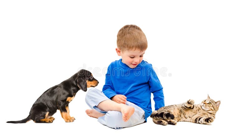 Happy boy with cat and puppy