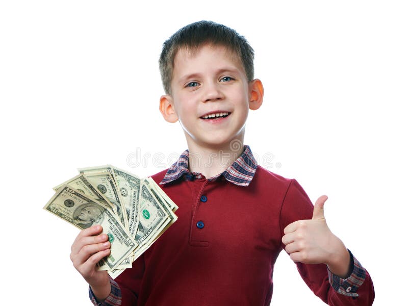 Happy boy with dollars and thumbs up gesture isolated