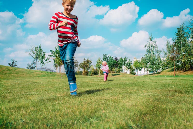 Happy Boy and Girl Run and Play in Summer Nature Stock Image - Image of ...