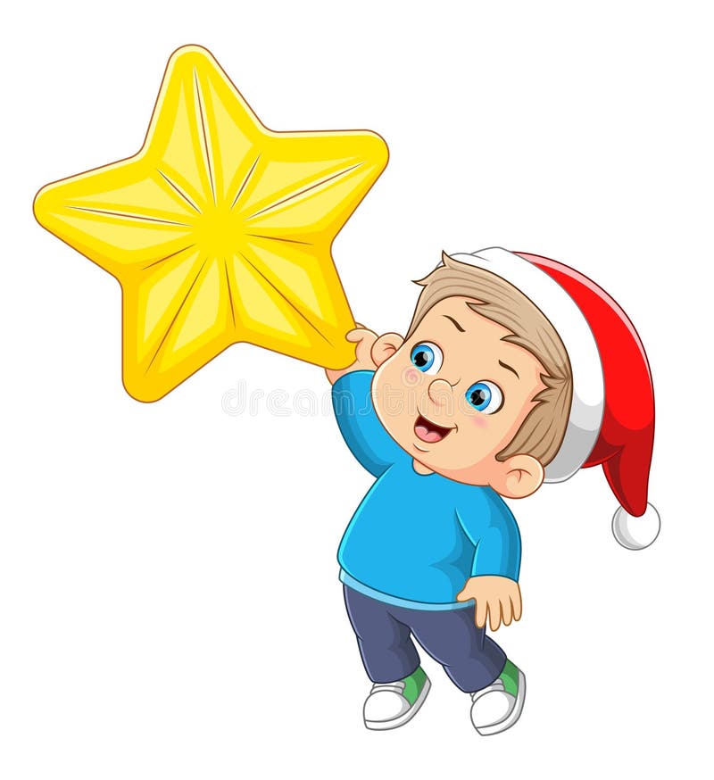 The Happy Boy is Holding the Big Bright Star for the Christmas Tree ...