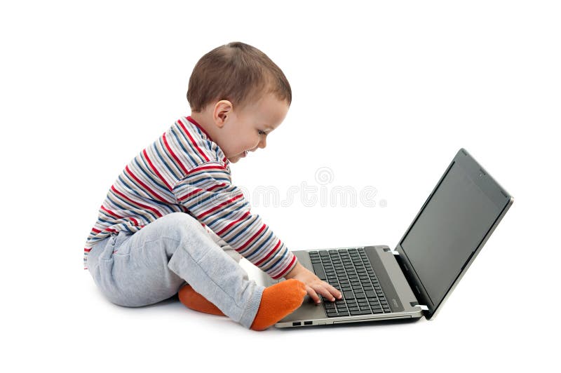 Happy boy with laptop isolated