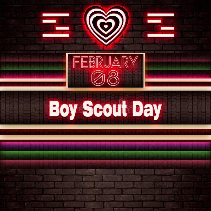 08 February, Boy Scout Day, Neon Text Effect on Bricks Background Stock