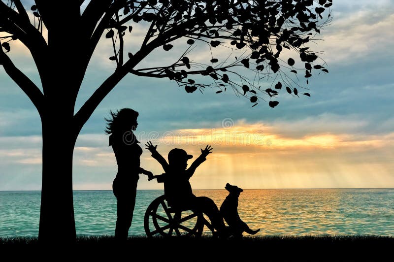 Happy boy in wheelchair and nurse sea under tree and dog