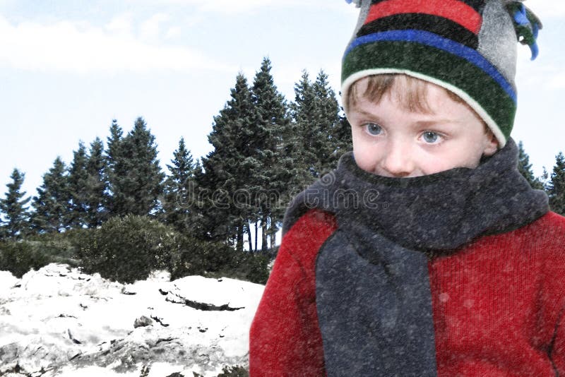 Happy Boy in Winter Clothes at Lake Park in Snow