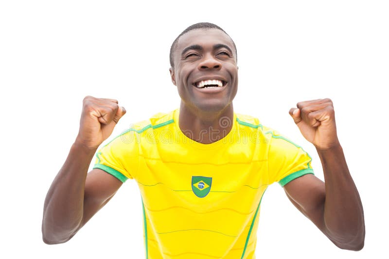 Happy Brazilian Football Fans In Yellow Smiling At Each Other Stock Image Image Of Mixedrace