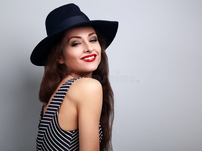Happy Bright Makeup Woman in Fashion Black Hat and Red Lips Posing with ...