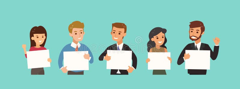 Happy business team holding blank white board with cheer up gesture. businessman cartoon character vector illustration Happy business team holding blank white board with cheer up gesture. businessman cartoon character vector illustration