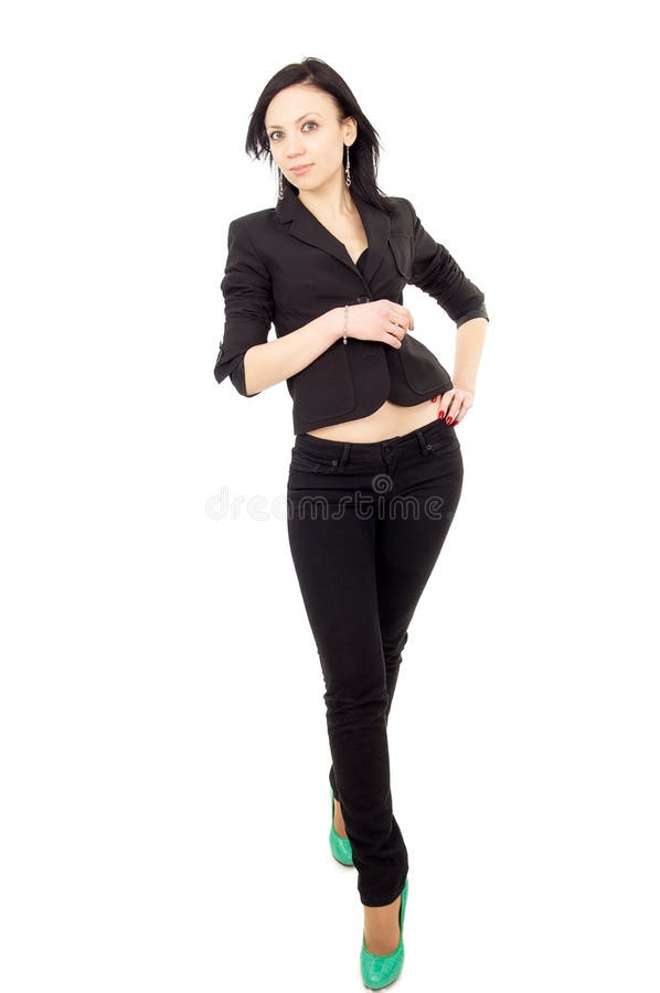 Happy Business Woman in Black Suit Stands Stock Image - Image of figure ...