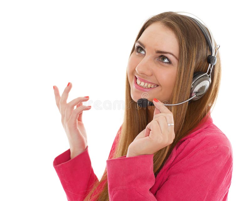 Happy young business woman with headset on a white background. Operator of support service. Happy young business woman with headset on a white background. Operator of support service.