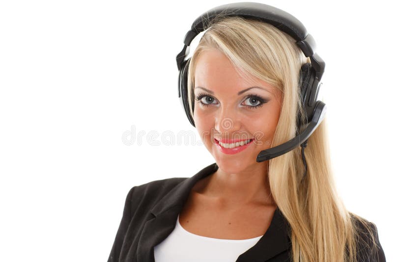 Happy young business woman with headset on a white background. Operator of support service. Happy young business woman with headset on a white background. Operator of support service.