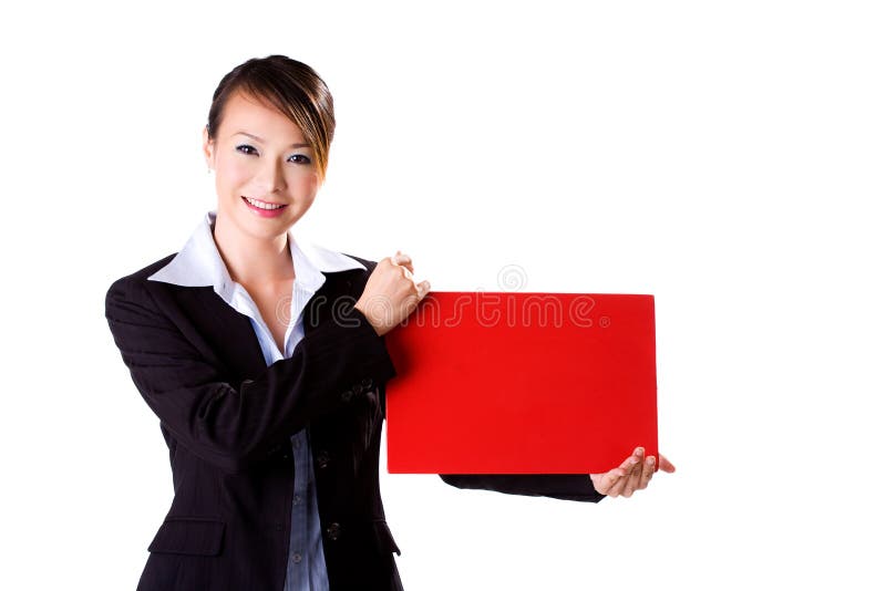 Happy business woman holding a red card