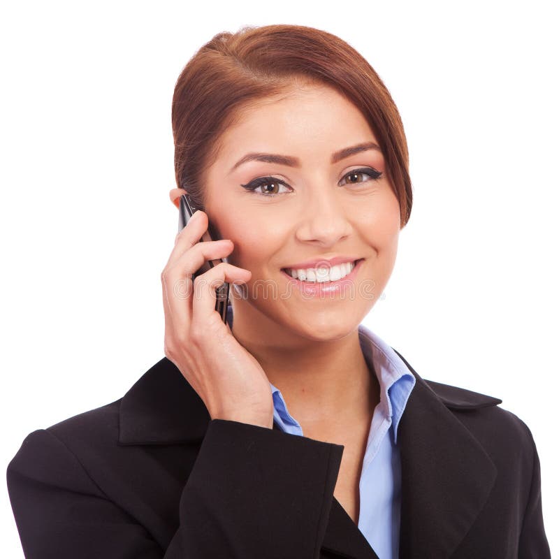 Happy business woman speaking on phone