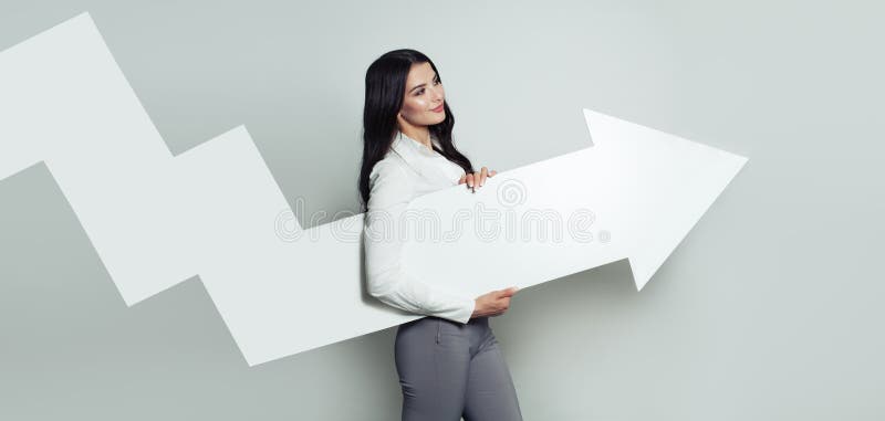 Happy Business Woman with White Empty Rising Arrow. Representing Business Growth. Shares Up, Business Success and Profit Concept royalty free stock images Happy Business Woman with White Empty Rising Arrow. Representing Business Growth. Shares Up, Business Success and Profit Concept royalty free stock images