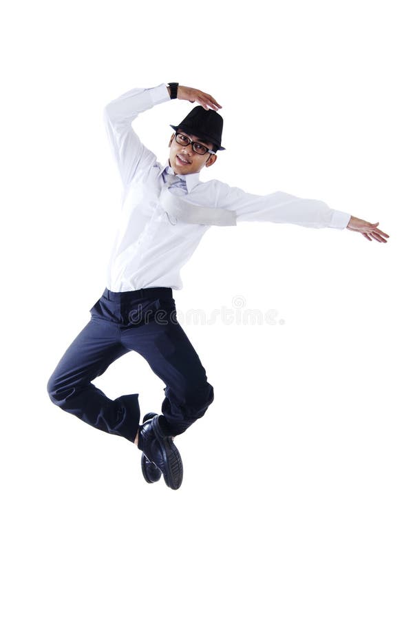 Happy businessman dancing stock photo