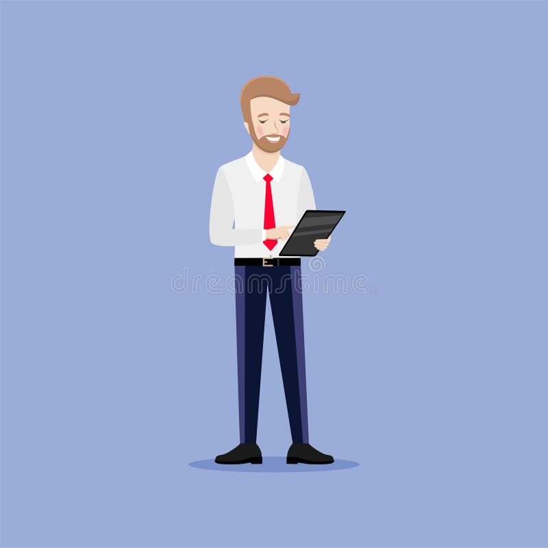 Happy businessman holding electronic tablet in his hands. vector illustration