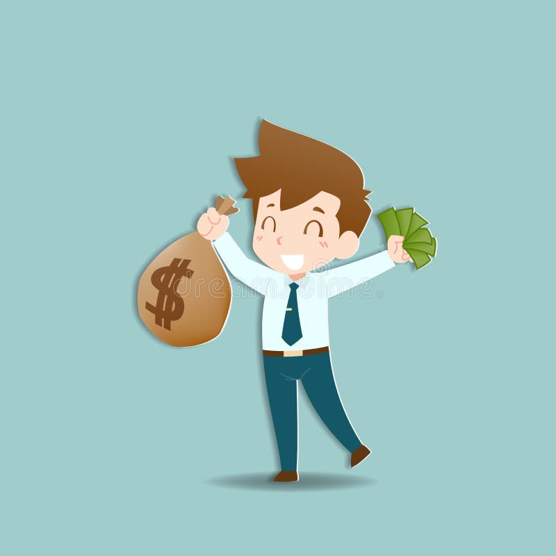 Happy businessman holding a money and gold coin bag, sack. Rich people who can make a lot of income, profit financial. royalty free illustration Happy businessman holding a money and gold coin bag, sack. Rich people who can make a lot of income, profit financial. royalty free illustration