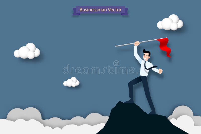 Happy businessman holding a red flag on the top of the high mountain. Success, goal, achievement and challenge concept. vector illustration Happy businessman holding a red flag on the top of the high mountain. Success, goal, achievement and challenge concept. vector illustration