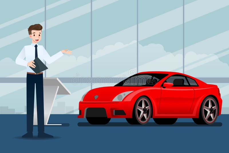A happy businessman, salesman is standing and present his luxury car that parked in the show room. stock illustration A happy businessman, salesman is standing and present his luxury car that parked in the show room. stock illustration