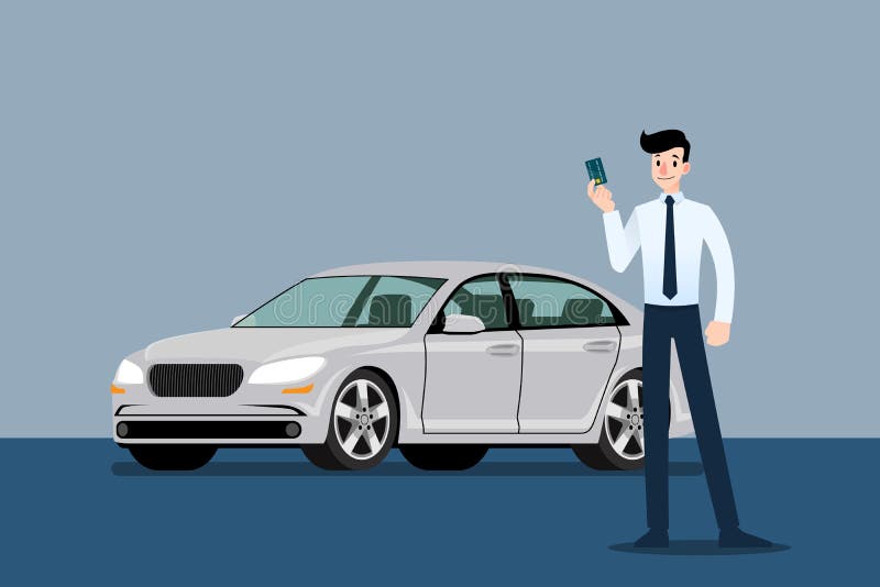 Happy businessman, seller stand and holding credit card in front of luxury car that parking in large showroom in the city. royalty free illustration Happy businessman, seller stand and holding credit card in front of luxury car that parking in large showroom in the city. royalty free illustration