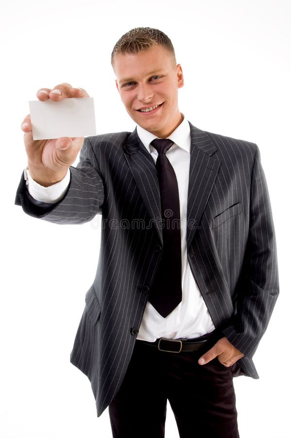 Happy businessman showing business card