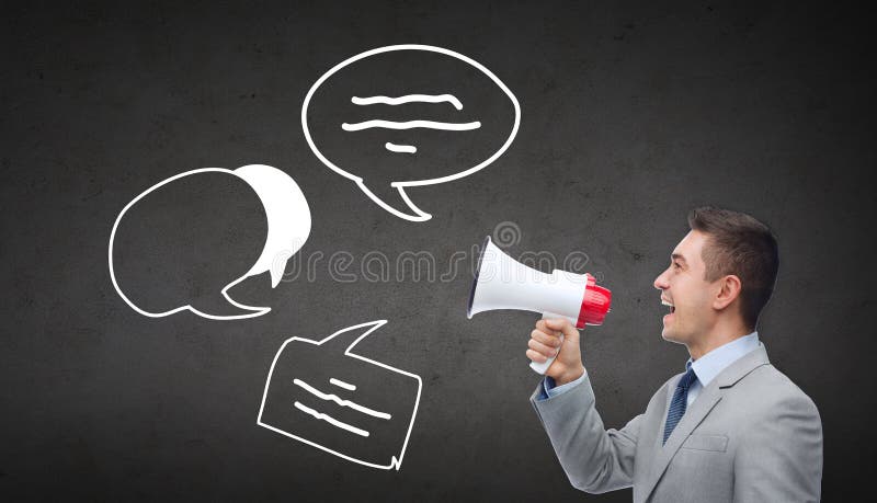 Happy businessman in suit speaking to megaphone royalty free stock image Happy businessman in suit speaking to megaphone royalty free stock image