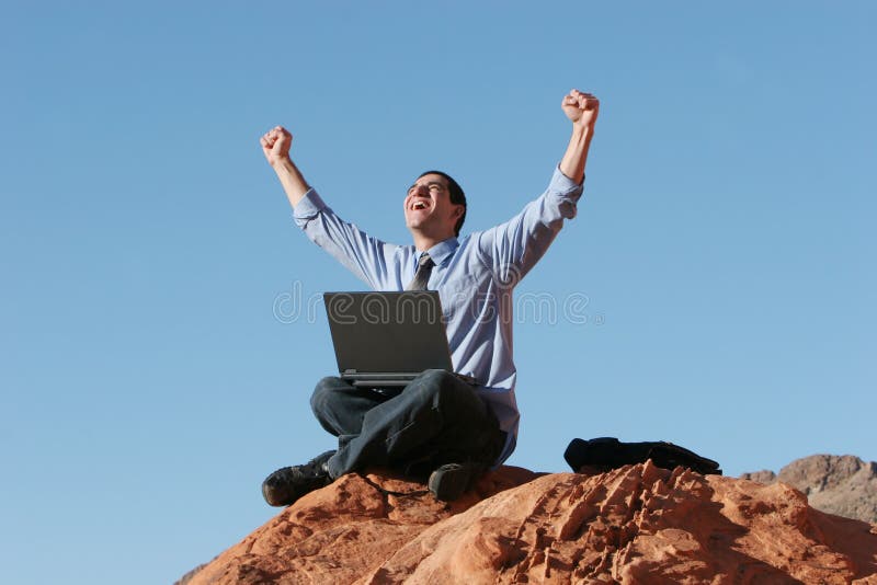 Happy businessman working on laptop