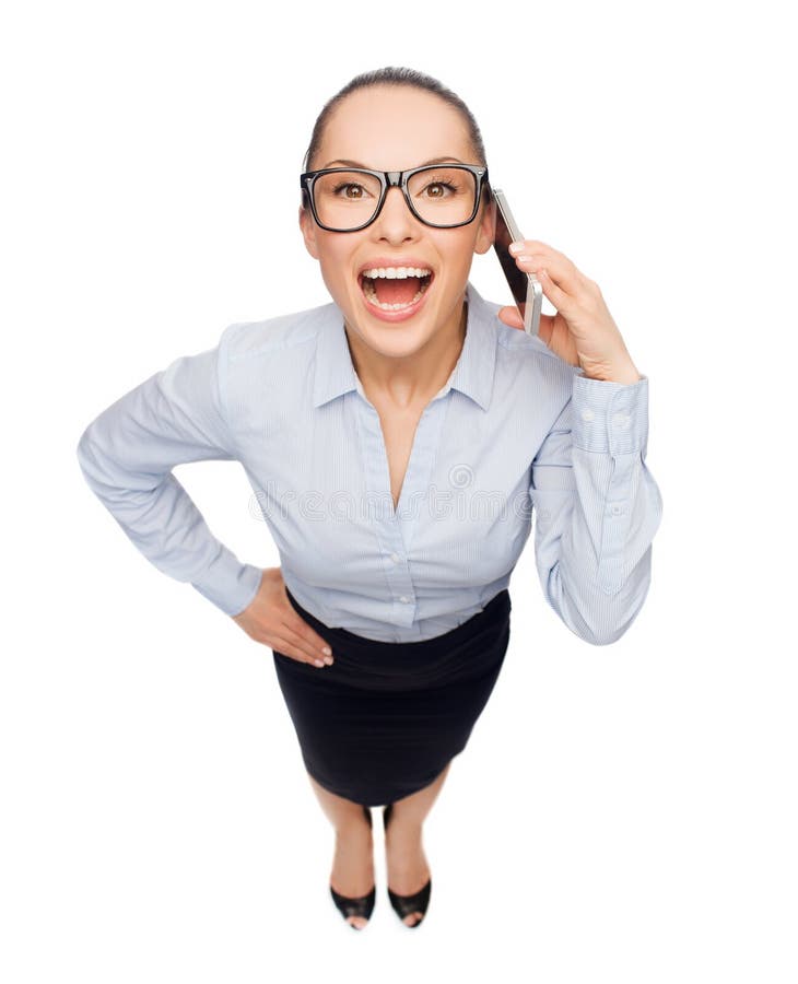 Happy businesswoman in eyeglasses with smartphone royalty free stock photo Happy businesswoman in eyeglasses with smartphone royalty free stock photo