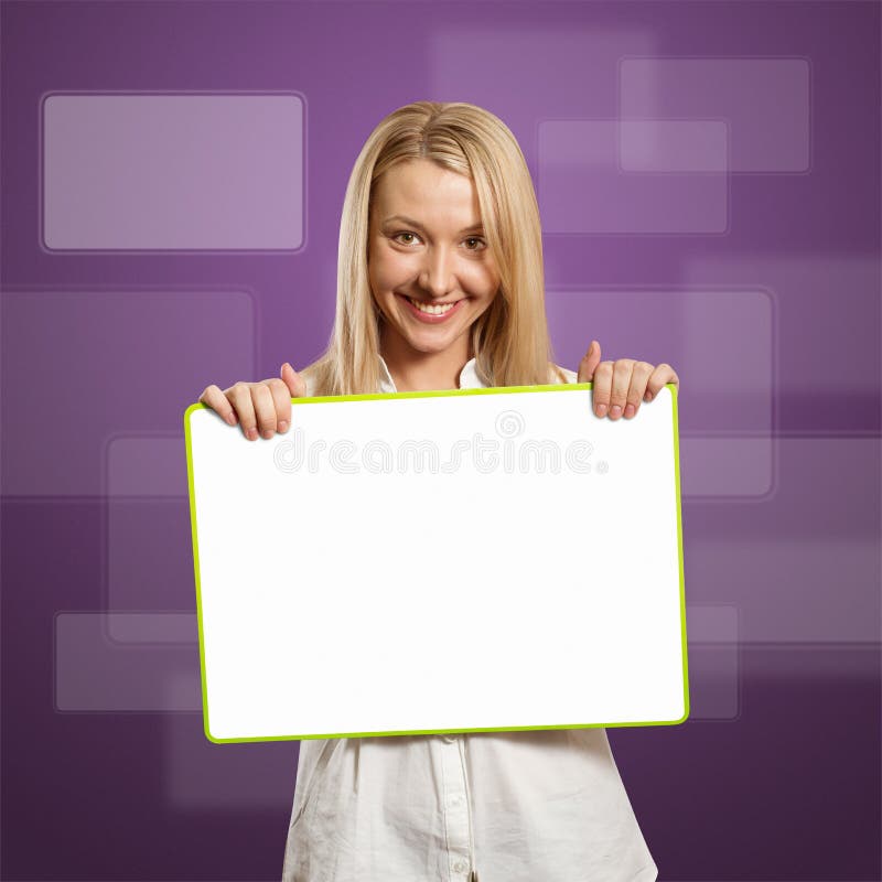 Happy businesswoman holding blank white card