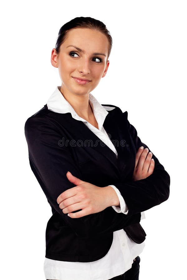 Happy businesswoman on white background