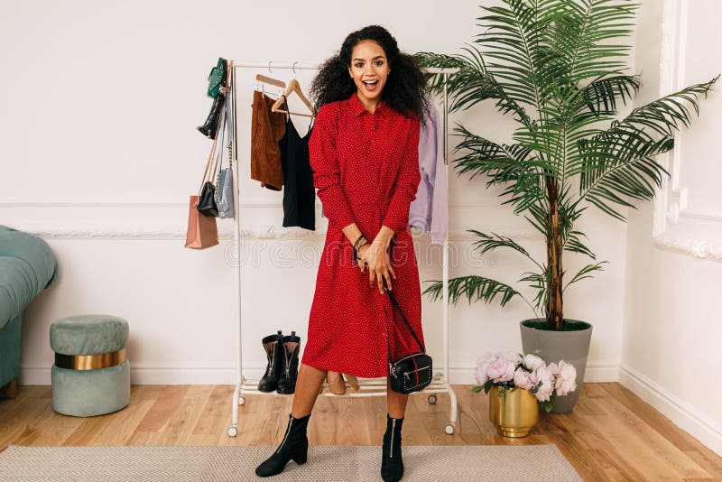 Happy buyer in red dress royalty free stock photos Happy buyer in red dress royalty free stock photos