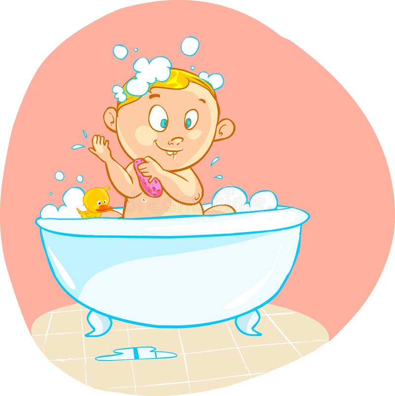 Happy Cartoon Baby Kid in Bath Tub Stock Vector - Illustration of hair