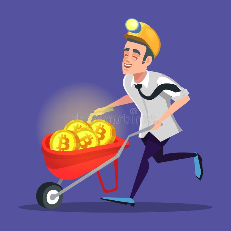 Happy Cartoon Bitcoin Miner with Pushcart Full of Golden Coins. Cryptocurrency Mining Technology. Vector illustration