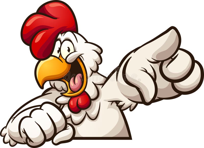 Happy cartoon chicken pointing at camera stock illustration