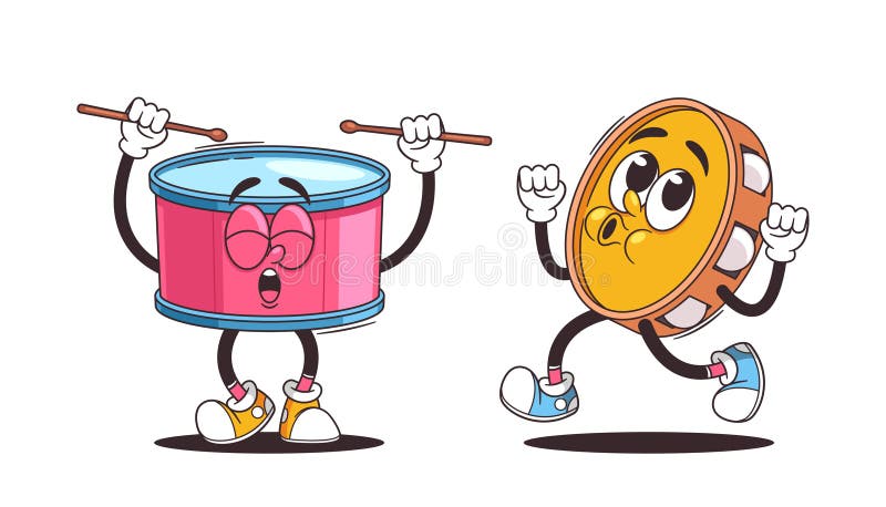 Happy Cartoon Drum And Tambourine Characters In A Joyful Pose, Playing Music And Having Fun. Musical Instruments vector illustration