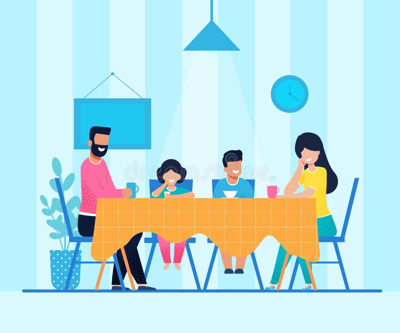 Happy Cartoon Family Having Dinner at Home. Mother and Father Drinking Coffee or Tea. Daughter Tasting Juice and Son Eating Soup. Parents and Children Sitting in Living Room. Vector Flat Illustration. Happy Cartoon Family Having Dinner at Home. Mother and Father Drinking Coffee or Tea. Daughter Tasting Juice and Son Eating Soup. Parents and Children Sitting in Living Room. Vector Flat Illustration