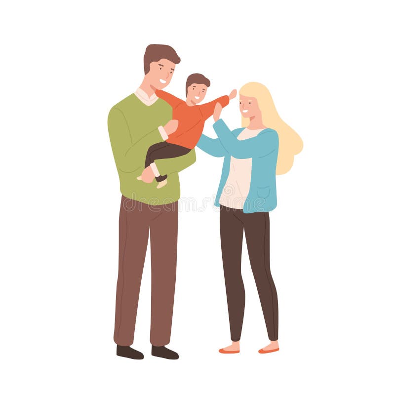 Happy Cartoon Family Mother, Father and Kid Vector Flat Illustration.  Smiling Young Parents Holding Little Son Isolated Stock Vector -  Illustration of little, baby: 173005300